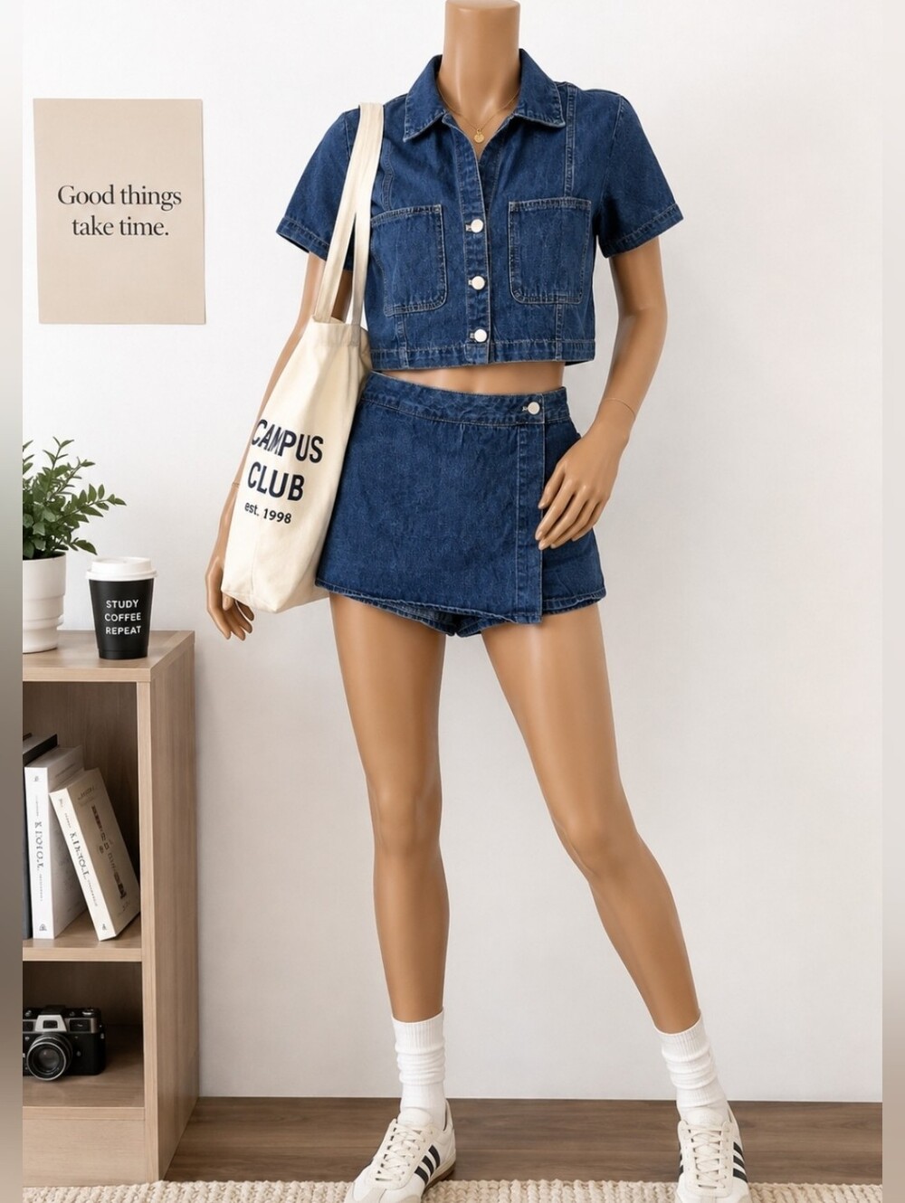 Mable Dark Blue Denim Look Crop Top & Wrap Skort 2-Piece Set Small